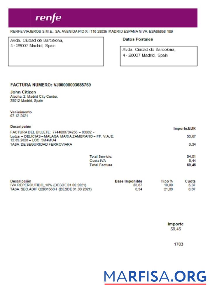 Printable Spain Renfe utility bill template in Word and PDF format